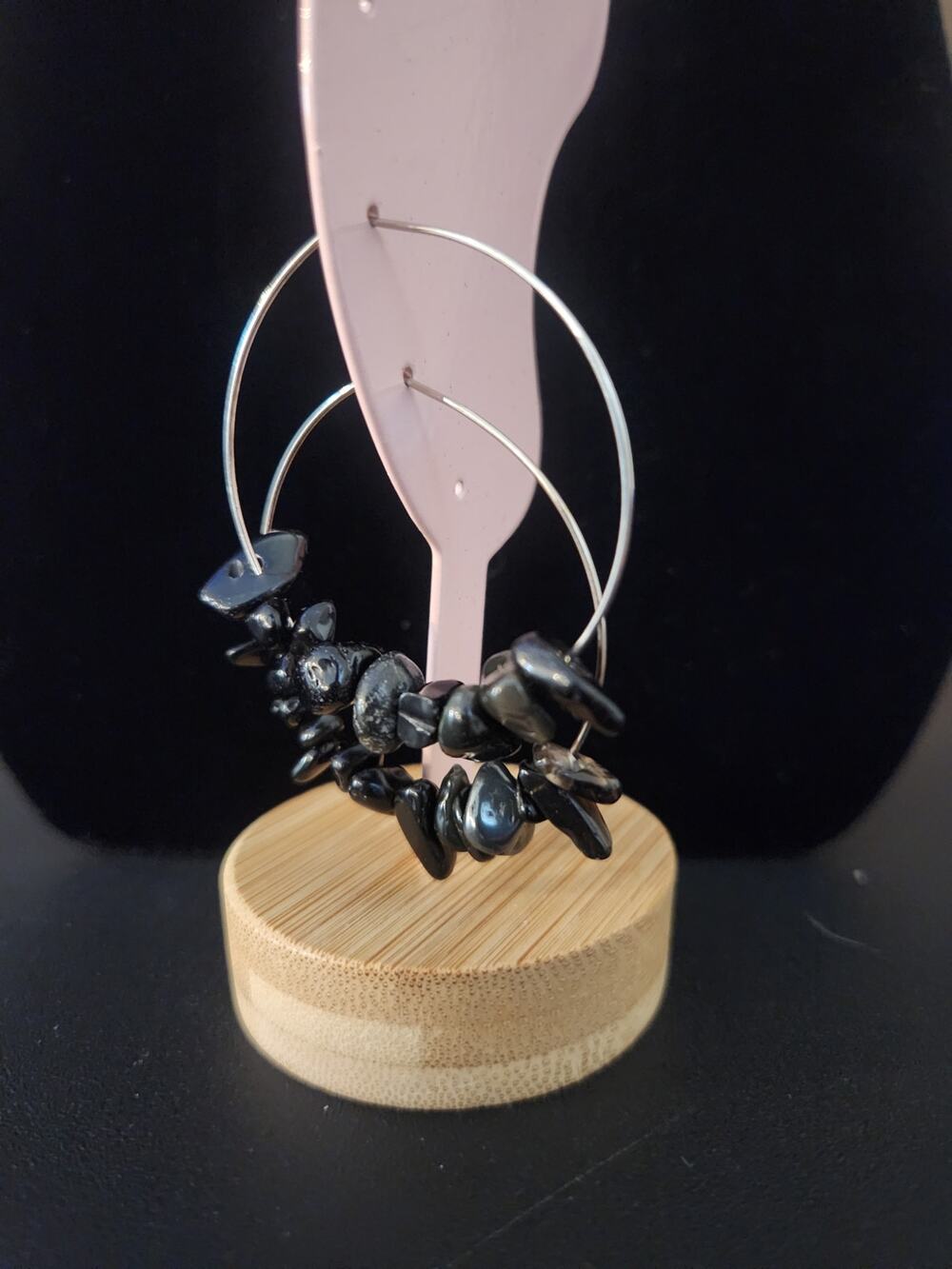 Wire Hoop Earrings with Black & Charcoal Tumbled Stones